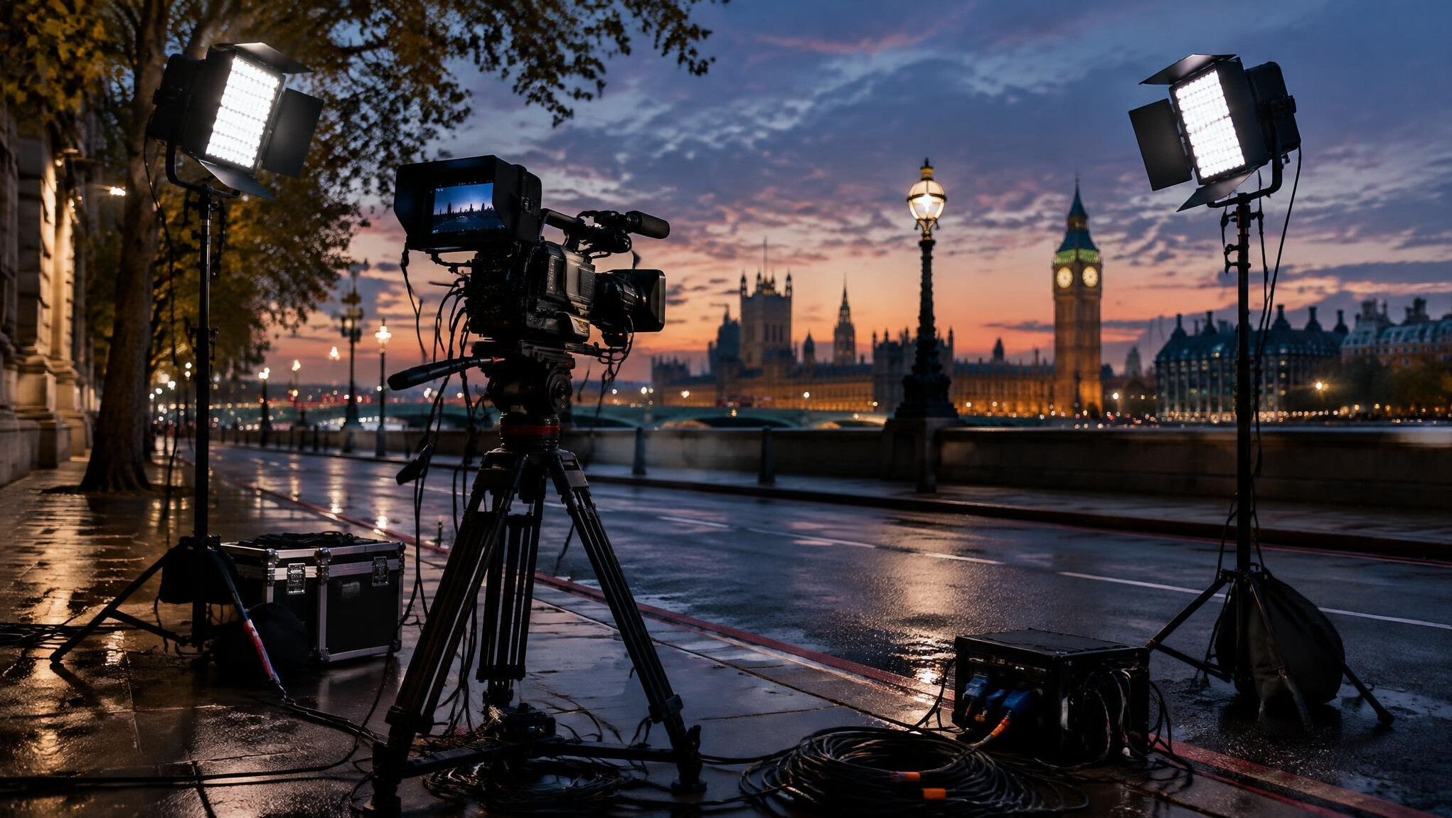 Film crew with camera and lighting equipment on location