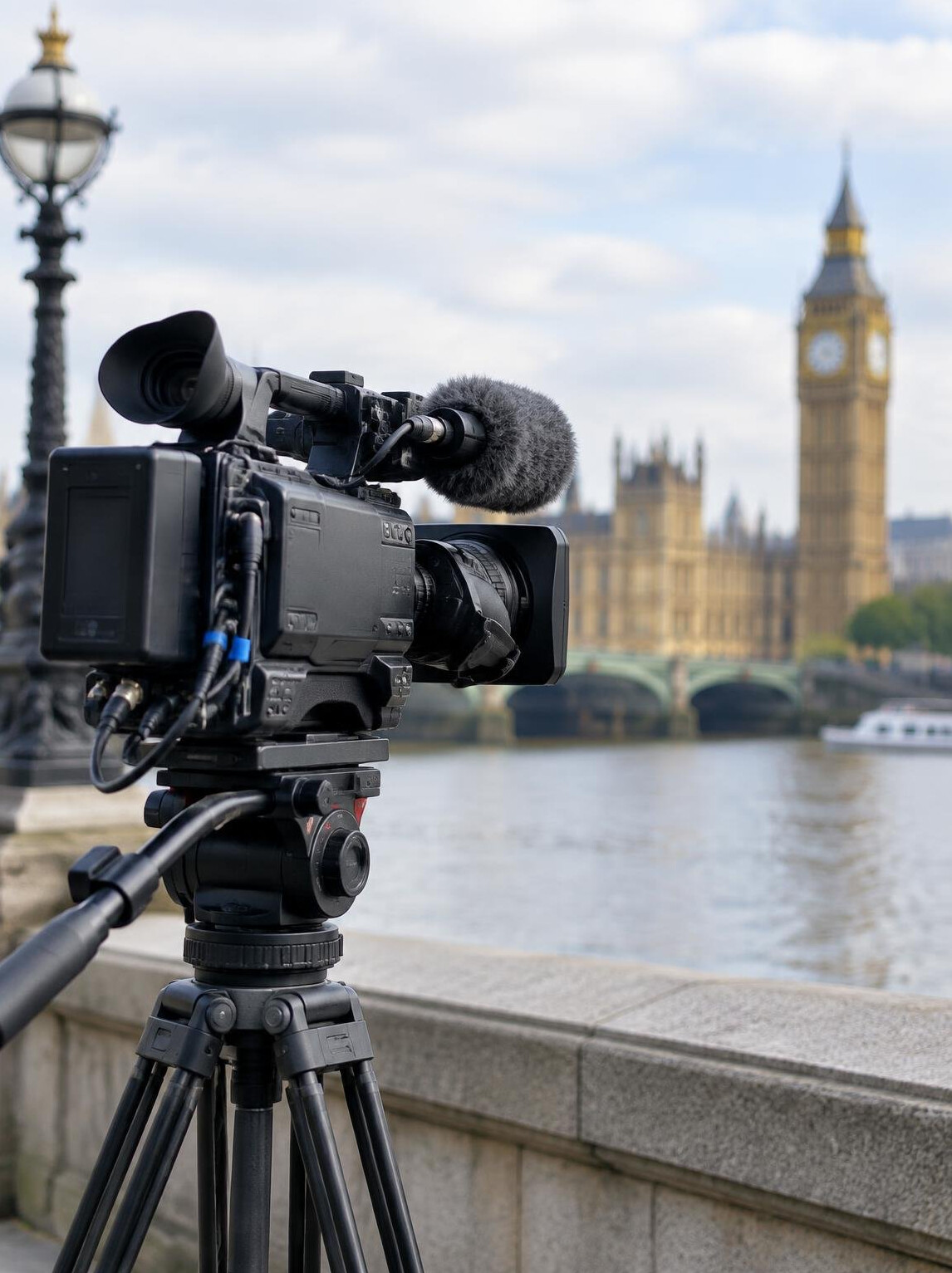 Professional broadcast camera on a tripod on location