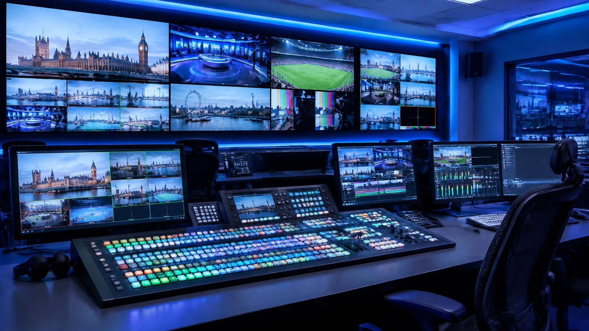 Broadcast control room with multiple monitors showing live camera feeds