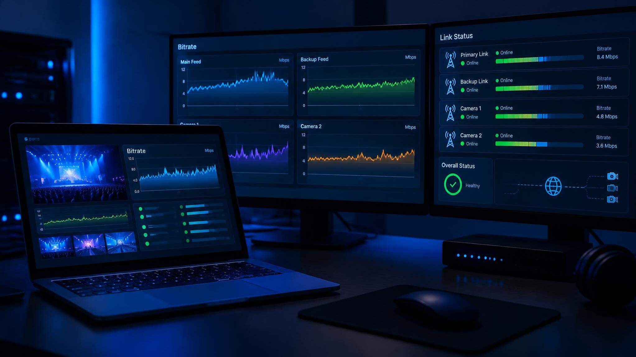 Blue lit laptop showing technical monitoring dashboard
