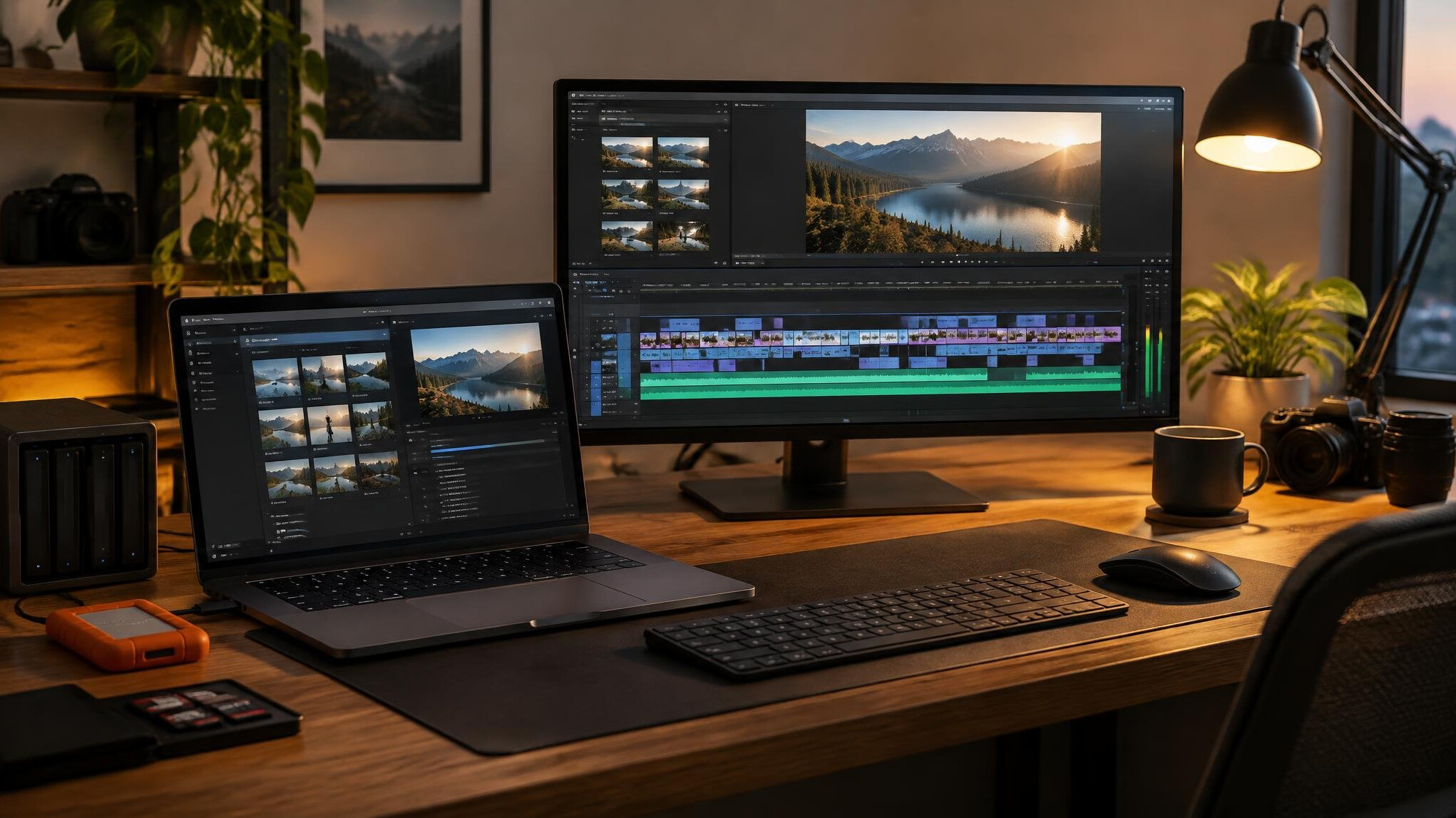 Laptop and monitors on a desk during video editing