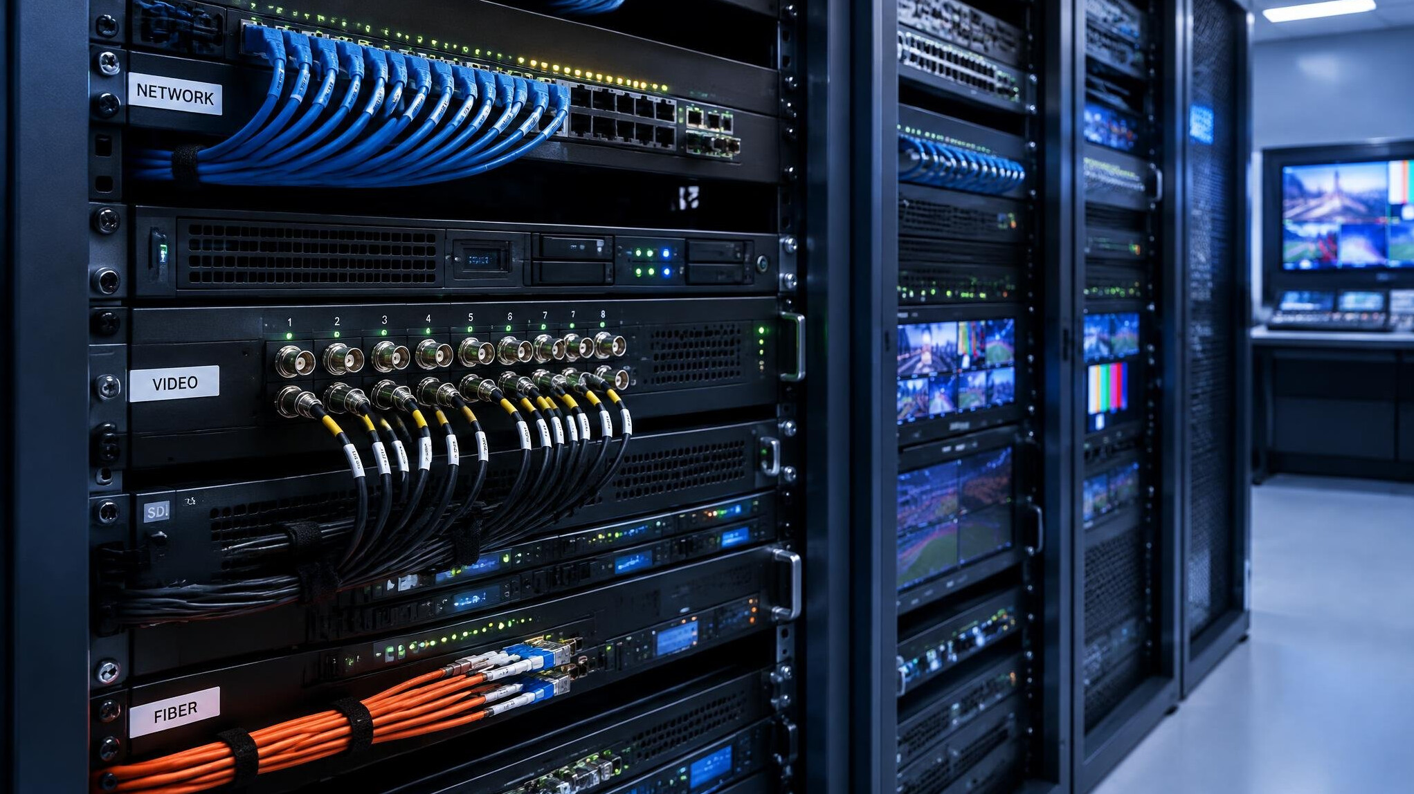Server rack with network cables and blinking lights in a data room